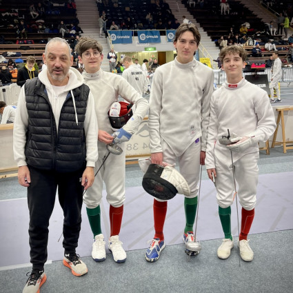 Guillaume Gillet (Coach), Loucian Lancial, Théolan Vildrac, Antoine Marseille - Challenge Mondail U17 - Grenoble 2025